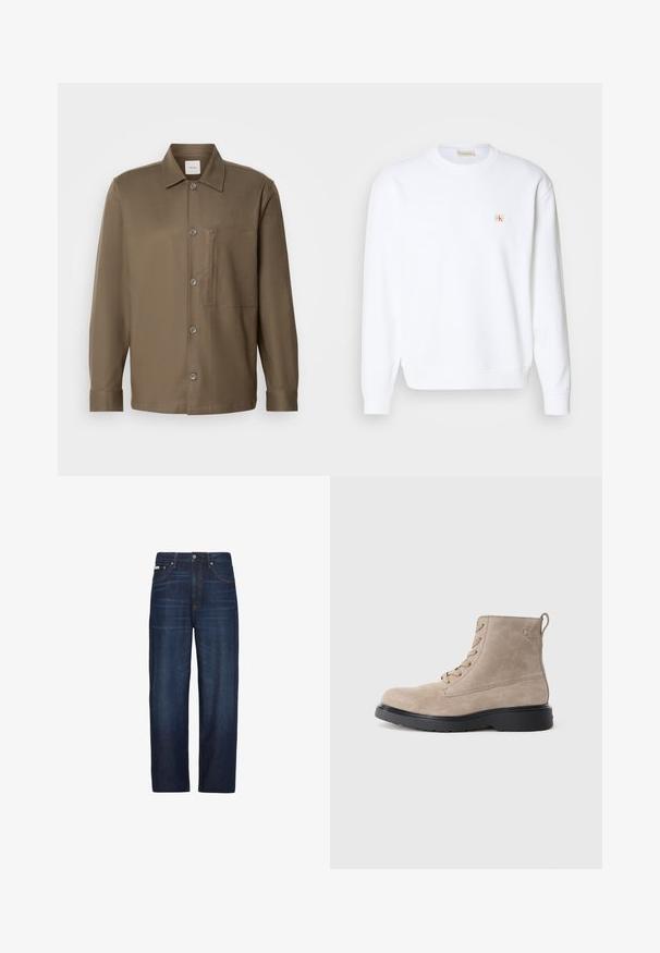 Sweatshirt blanc à manches longues, col rond et poignets côtelés. Présente un petit logo rouge et beige sur la zone de la poitrine gauche. Texture lisse.; Chemise brune à manches longues, avec col, poche poitrine et texture lisse. Comprend des boutons gris sur le devant.; Jean bleu foncé droit avec poches avant, passants pour ceinture, fermeture par bouton et légère décoloration au niveau des cuisses.; Bottines en daim beige avec semelle en caoutchouc noir, design à lacets, et un petit logo embossé sur le côté, avec une languette à l'arrière.