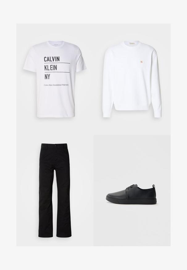 Witte sweatshirt met lange mouwen, ronde hals en geribde manchetten. Heeft een klein logo in rood en beige op de linkerkant van de borst. Smooth textuur.; Witte t-shirt met zwarte tekst "CALVIN KLEIN NY," met twee horizontale lijnen en aanvullende tekst "Calvin Klein Established 1968 NYC" aan de onderkant.; Zwarte katoenen broek met een recht design, voorzien van een knoopsluiting en riemlussen. Gladde textuur en minimalistische stijl zonder zichtbare patronen.; Zwarte leren sneaker met een gladde afwerking, ronde neus, tonale stiknaden, vetersluiting aan de voorkant en een vlakke rubberen zool. Lussje aan de hak.