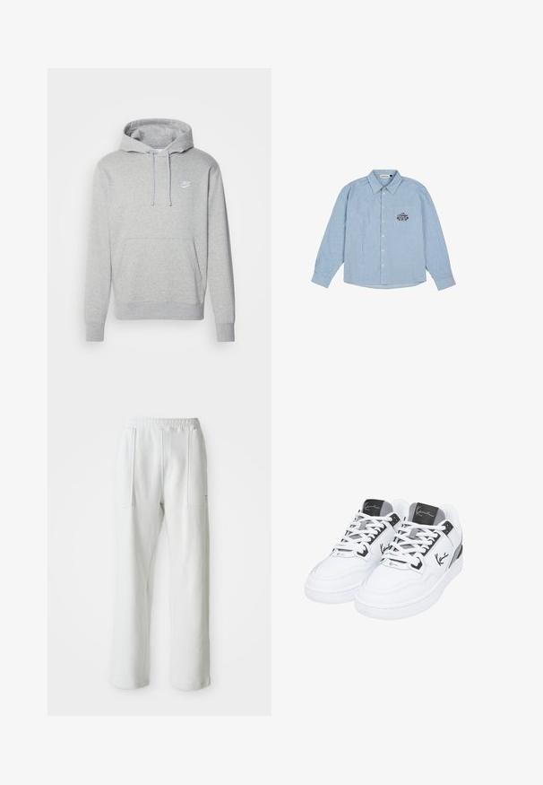 Grå fleece hættejakke med en front kangaroo lomme, snøre i hætten og hvidt logo på brystet. Har ribbede manchetter og kant.; Lyseblå stribet skjorte, lange ærmer, knaplukning fortil og spids krave. Har et broderet design på venstre side.; Hvide afslappede bukser med en elastisk talje og store forreste lommer, vist på en ensfarvet lys baggrund.; Hvite sportsko med en glatt læroverdel, grå detaljer på tungen og hælen, og sort logo-detalje på siden.