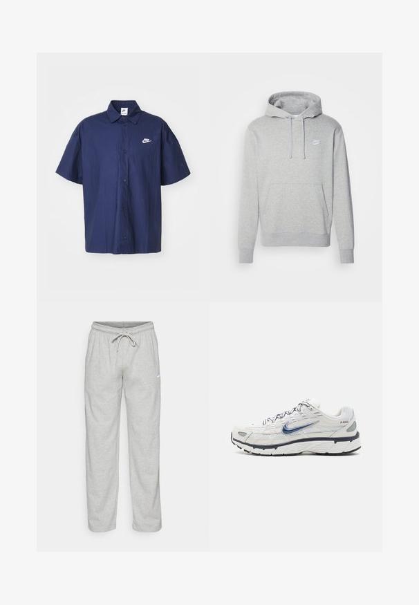 Grå fleece hættejakke med en front kangaroo lomme, snøre i hætten og hvidt logo på brystet. Har ribbede manchetter og kant.; Marineblå skjorte med korte ærmer, knaplukning og en krøllet tekstur samt et hvidt Nike-logo på venstre bryst. Har en standard krave og sorte knapper.; Lys grå sweatpants lavet af blødt stof. Har en elastisk talje med snøre og Nike-logo i sort på venstre lår.; Nike Sportswear P 6000 - Sneakers - phantom/obsidian/summit white/white/black/metallic silver