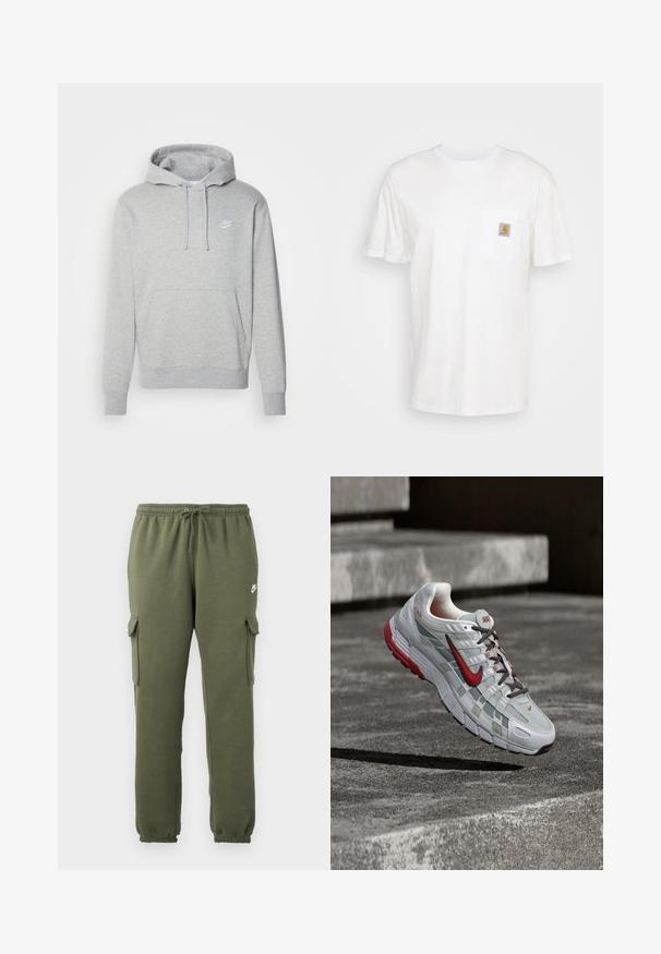 Grauer Fleece-Hoodie mit einer vorderen Kängurutasche, Kapuze mit Kordelzug und weißem Logo auf der Brust. Ausgestattet mit gerippten Bündchen und Saum.; Weißes Baumwoll-T-Shirt mit kurzen Ärmeln, einer Brusttasche und einem kleinen quadratischen Logopatch in Orange und Weiß auf der Tasche.; Olivgrüne Cargo-Hosen mit elastischem Bund, Kordelzugverschluss, Seitentaschen und logo auf dem Oberschenkel. Glattes Baumwollmischgewebe.; Weißer und grauer Nike-Laufschuh mit roten Akzenten und schwarzen Schnürsenkeln, schwebend über grauen Betonstufen.