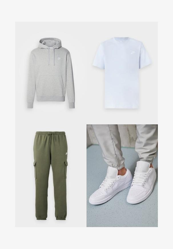 Grijze fleece hoodie met een voorzak, een capuchon met koordjes en een wit logo op de borst. Heeft ribgebreide boorden en een onderkant.; Lichtblauwe katoenen t-shirt met korte mouwen, ronde hals en een wit Nike-logo gedrukt op de linkerborst. Glad textuur, eenvoudig ontwerp.; Olijfgroene cargobroek met elastische tailleband, trekkoordsluiting, zijzakken en een logo op de dij. Gladde katoenmix stof.; Witte leren sneakers met een geperforeerde neus, platte veters, een gepolsterde kraag en het Jordan-logo op de tong. Gediend met grijze joggers.