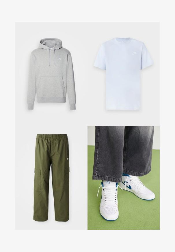 Harso fleece-huppari, jossa on etu-tasku, kiristettävä hupun nyöri ja valkoinen logo rinnassa. Varustettu ribbettyjen hihansuiden ja helman kanssa.; Vaaleansininen puuvillainen t-paita lyhyillä hihoilla, pyöreä kaula-aukko ja valkoinen Nike-logo vasemmassa rinnassa. Suora pinta, yksinkertainen muotoilu.; Nike cargo-housut tummanoliivin vihreänä, joissa on joustava vyötärö, kaksi sivutaskua ja sileä, kevyt kangas.; Valkoiset korkeat tennarit sinisillä yksityiskohdilla, rei'itetty kärki ja valkoiset nauhat. Yhdistetty löysiin harmaisiin farkkuihin vihreällä pinnalla.