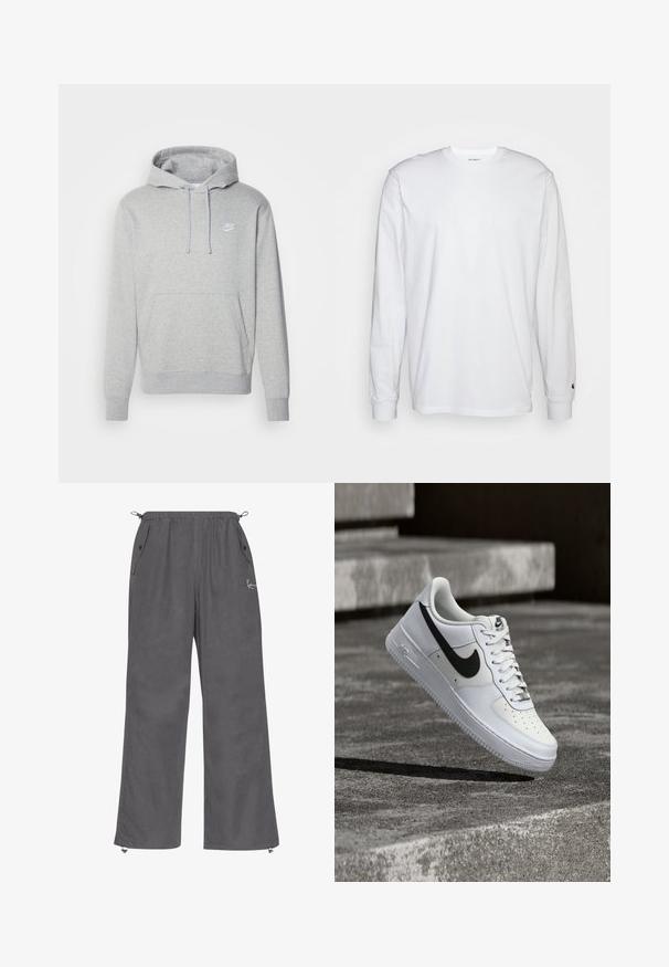 Grå fleece hættejakke med en front kangaroo lomme, snøre i hætten og hvidt logo på brystet. Har ribbede manchetter og kant.; Hvid langærmet T-shirt lavet af bomuld. Rund halsudskæring med ribbede manchetter og et lille logo på venstre ærme. Glat tekstur.; Grå, brede bukser lavet af blød stof. Har en elastisk talje, sidelommer og lynlåse ved anklerne. Enkelt design med minimal detaljer.; Hvid Nike Air Force 1-sneaker med sort swoosh, snørebånd bundet, placeret i luften over tekstureret betonoverflade udendørs.