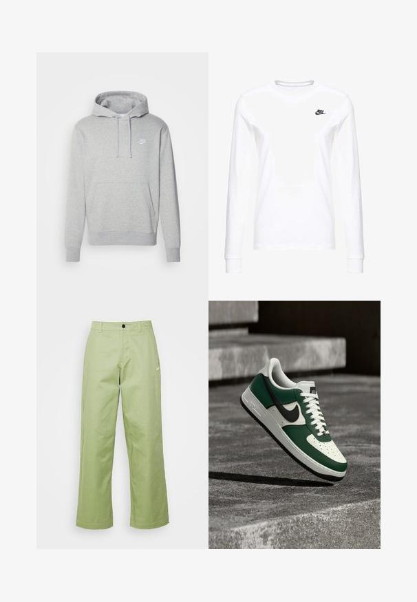 Harso fleece-huppari, jossa on etu-tasku, kiristettävä hupun nyöri ja valkoinen logo rinnassa. Varustettu ribbettyjen hihansuiden ja helman kanssa.; Valkoinen pitkähihainen T-paita, joka on valmistettu puuvillasta. Paitassa on pieni musta Nike-logo vasemmassa rinnassa ja pyöreä kaula-aukko. Pinta on sileä.; Vaaleanvihreät leveät housut, jotka on valmistettu sileästä kankaasta ja joissa on nappisuljenta. Edessä on pieni Nike-logo.; Vihreä ja valkoinen Nike Air Force 1 -tennari mustalla swooshilla, leijumassa betonipinnan yllä, taustalla sumennetut portaat.