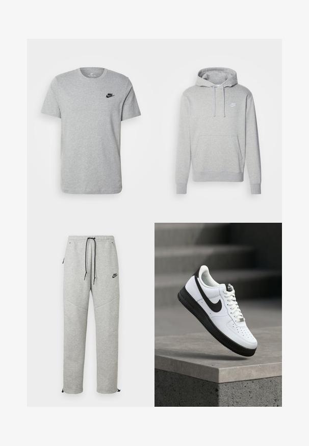 Grå fleece hættejakke med en front kangaroo lomme, snøre i hætten og hvidt logo på brystet. Har ribbede manchetter og kant.; Grå kortærmet T-shirt i bomuld med et sort Nike-logo på brystet og rund halsudskæring. Minimalistisk design uden mønstre.; Grå Nike sweatpants med snøre i taljen, sidelommer og elastiske manchetter. Har en glat overflade og kontrastfarvet sort logo-detalje.; Hvid lædersneaker med sorte detaljer, rundet tå og perforerede detaljer. Sort gummisål med tekstureret mønster og snørelukning.