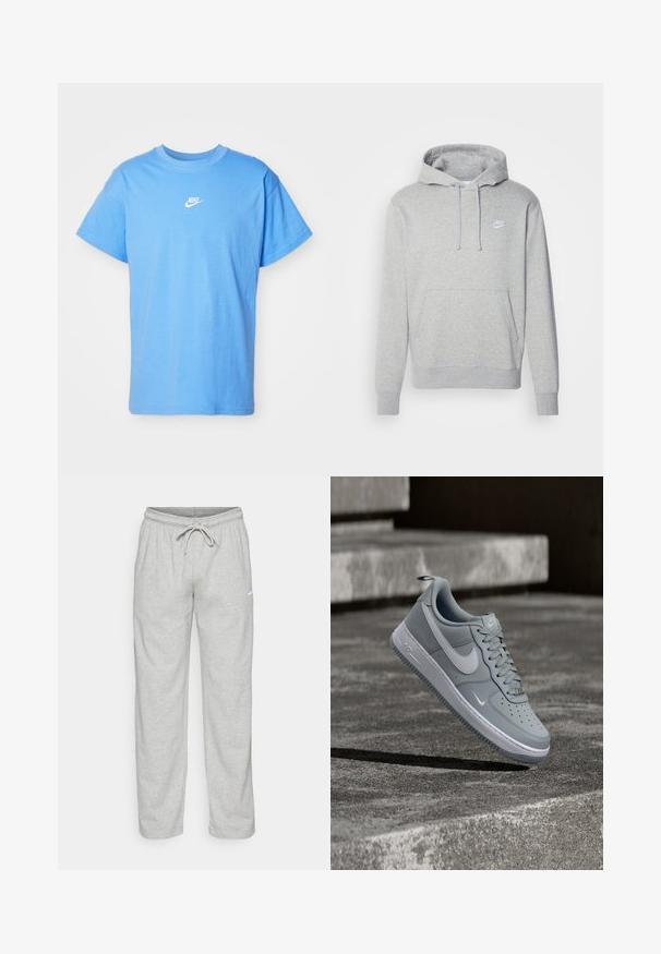 Grå fleece hættejakke med en front kangaroo lomme, snøre i hætten og hvidt logo på brystet. Har ribbede manchetter og kant.; Blå bomulds T-shirt med korte ærmer og rund halsudskæring; har et hvidt Nike-logo på brystet. Enkel, lige skåret design.; Lys grå sweatpants lavet af blødt stof. Har en elastisk talje med snøre og Nike-logo i sort på venstre lår.; Grå Nike Air Force 1 sneaker med hvid Swoosh-logo, svævende over en tekstureret betonoverflade med trapper i baggrunden.