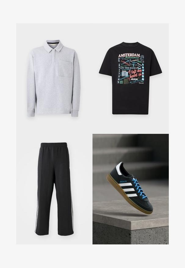 Lichtgrijs poloshirt met lange mouwen, kraag, verborgen knopenlijst en een borstzak op een effen achtergrond.; Zwart T-shirt met korte mouwen met kleurrijke Amsterdam-thema tekst en afbeeldingen, waaronder "Ik heb mijn hart achtergelaten in" en verschillende straat- en plaatsnamen.; Zwarte trainingsbroek met een elastische tailleband, voorzien van witte zijstrepen en een relaxte pasvorm. Gemaakt van zachte, rekbare stof.; Zwarte Adidas-sneaker met witte strepen, blauwe veters en een gumzool die boven een grijze betonnen trede zweeft in zacht licht.