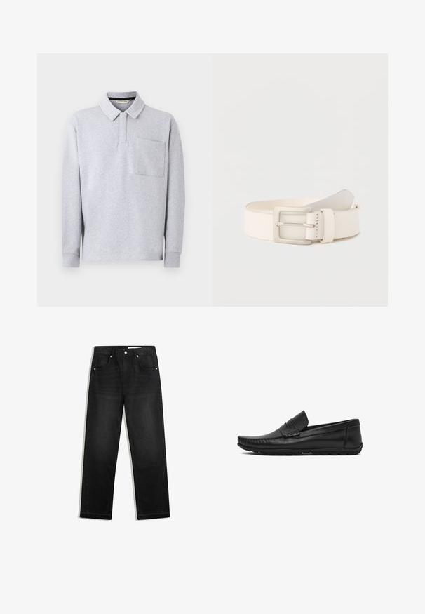 Lysegrå langærmet poloshirt med krave, skjult knapstolpe og en enkelt brystlomme på en ensfarvet baggrund.; Sorte denimjeans med lige bendesign, fem lommer, kontrasterende hardware og rå kantdetalje nederst.; Sort lædersko uden snørebånd med moc-toe-syninger, lav hæl og gummisål.; Flødefarvet læderbælte med en rektangulær sølvspænde, rullet sammen med enden stukket ind under bæltestrop.