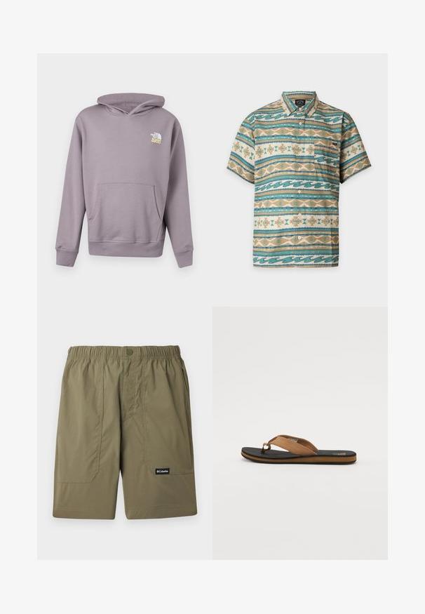 Lichtpaars sweatvest met capuchon, voorzak en wit-gele "The North Face 1966"-logo op de linkerborst.; Overhemd met korte mouwen en knoppen met turquoise, beige en witte horizontale strepen met geometrische en golfpatronen en een borstzak aan de linkerzijde.; Olijfgroene Columbia-merk shorts met een elastische taille, voorzakken en een knoopsluiting op een lichte achtergrond.; Bruine teenslipper met een gestructureerde zwarte rubberen zool, voorzien van een gladde suède band en een minimalistisch ontwerp. De randkleur contrasteert met de zool.
