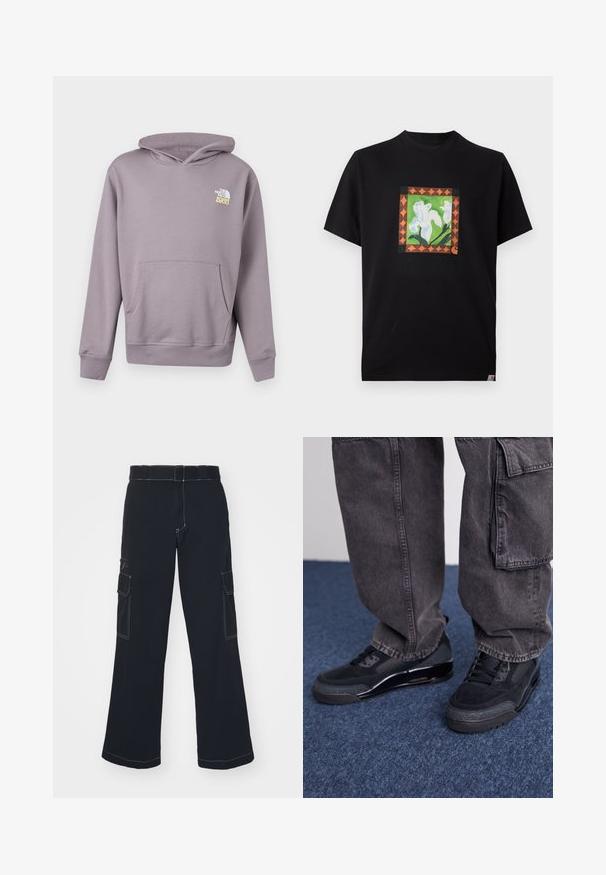 Sudadera con capucha de color lila claro, con bolsillo delantero y logo "The North Face 1966" en blanco y amarillo en el pecho izquierdo.; Camiseta negra de manga corta con un gráfico cuadrado central de flores blancas, tallos verdes y un borde geométrico naranja.; Pantalones cargo negros de pierna ancha, con dos bolsillos laterales, costuras en contraste y una cinturilla estándar. Material de algodón suave.; Zapatillas deportivas negras con una superficie texturizada, acentos suaves y una suela gruesa, combinadas con pantalones cargo oscuros y holgados.