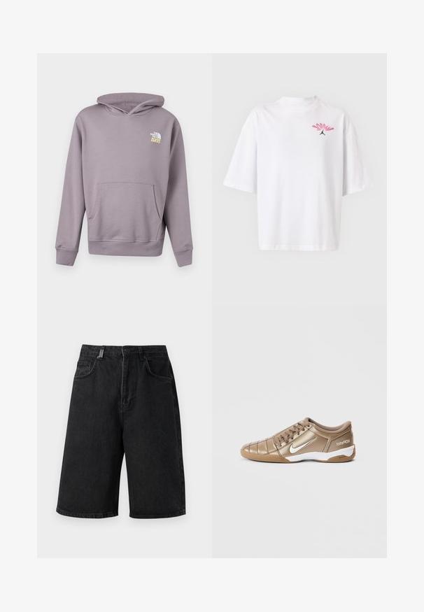 Sweat à capuche violet clair avec poche avant et logo "The North Face 1966" blanc-jaune sur la poitrine gauche.; T-shirt blanc à manches courtes avec un petit logo "JORDAN" rose et rouge et une silhouette Jumpman noire sur la poitrine gauche.; Shorts en denim noir avec une coupe ample, une taille mi-haute, cinq poches et des passants de ceinture. Le tissu a une texture lisse et des détails de couture subtils.; Chaussures de football Nike Total 90 III en or métallique avec un swoosh blanc, présentant une texture lisse, un design à lacets et une semelle en caoutchouc.