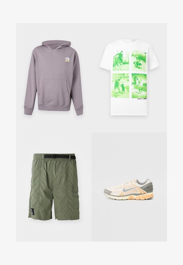 Sudadera con capucha de color lila claro, con bolsillo delantero y logo "The North Face 1966" en blanco y amarillo en el pecho izquierdo.; Camiseta blanca con cuatro fotos con tintes verdes que muestran a personas practicando skate y caminando al aire libre en entornos urbanos.; Pantalones cortos cargo de color verde oliva con cintura elástica y hebilla negra. Incluyen un bolsillo lateral y un tejido texturizado.; Zapatilla de running ligera en color crema y naranja, con parte superior de malla, cuello acolchado y detalles en gris texturizados en el talón y la suela.
