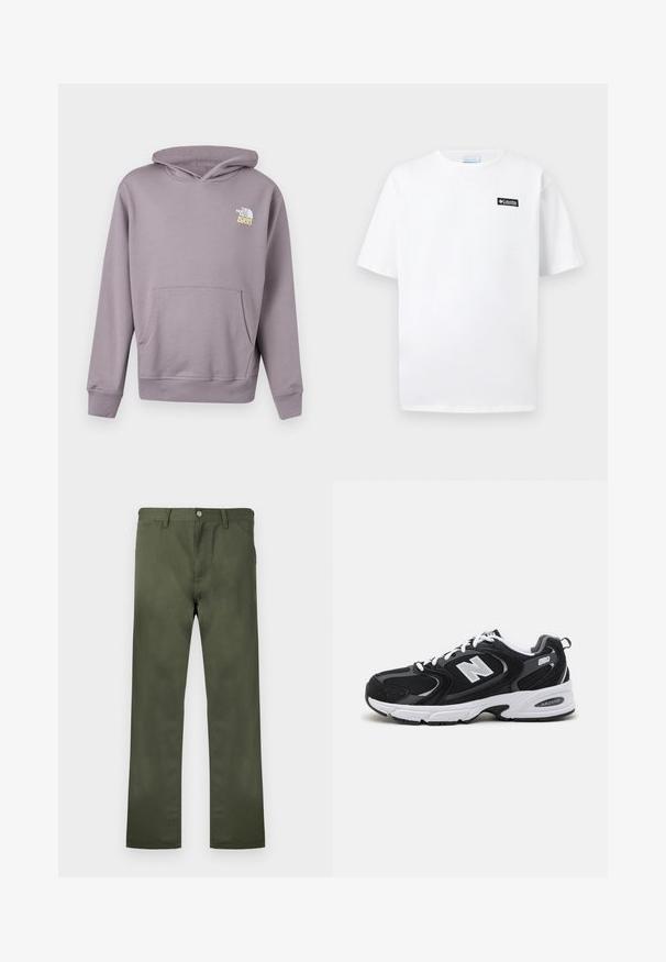 Sweat à capuche violet clair avec poche avant et logo "The North Face 1966" blanc-jaune sur la poitrine gauche.; T-shirt blanc à manches courtes avec col rond et petit logo rectangulaire noir Columbia sur le côté gauche de la poitrine.; Pantalon vert olive en tissu durable, avec une coupe droite, des poches avant et une fermeture à bouton. Texture lisse.; Baskets de sport noires et grises avec un tige en mesh et en suède, présentant une semelle intermédiaire blanche, des lacets et un logo "N" audacieux sur le côté.