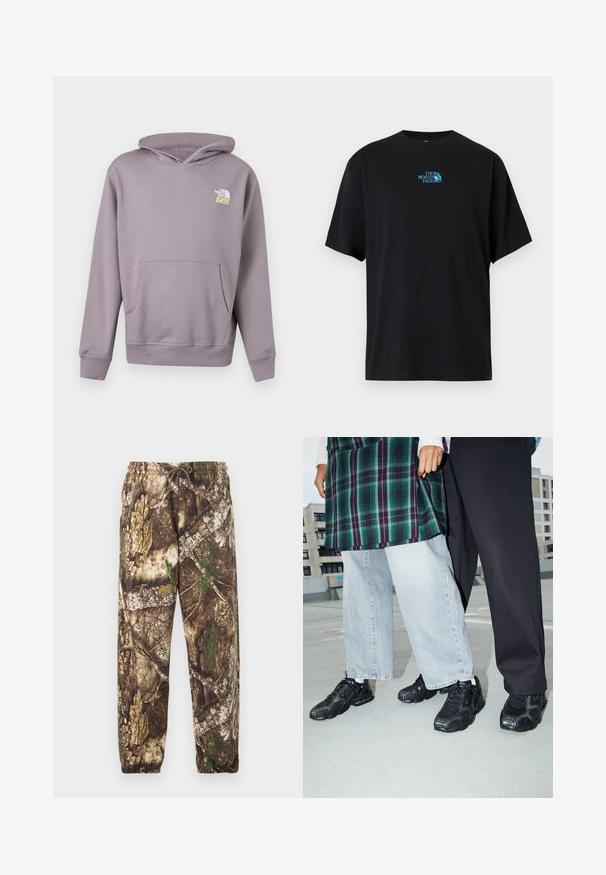 Helelilla kapuutsiga dressipluus ees tasku ja vasakul rinnal valge-kollase "The North Face 1966" logoga.; Mustast puuvillast T-särk ümaralt kaelusega ja lühikeste varrukatega, rinnal türkiissinine "The North Face" logo.; Kamoflaazhiga mustrid, millel on pruun ja roheline looduslik muster, elastse vöökohaga, millel on reguleeritav nöör ning elastsed mansetid pahkluude juures.; Mustad mustad jalanõud, millel on võrkkangast ja kummist aktsendid. Kannab heledat halli laiade jalgadega teksapükse ja ruudulist rohelisest topi. Lame pind taust.