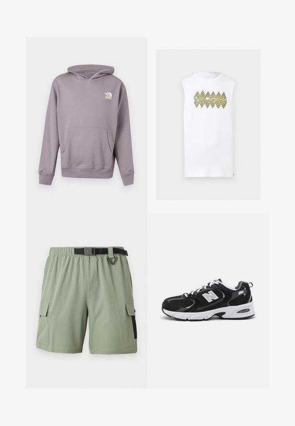 Sweat à capuche violet clair avec poche avant et logo "The North Face 1966" blanc-jaune sur la poitrine gauche.; T-shirt blanc sans manches avec des motifs triangulaires orange et turquoise et le texte "VOLCOM" sur la poitrine.; Short cargo vert clair avec taille élastique, ceinture noire réglable et poches latérales à rabat avec détail en mesh sur un côté.; Baskets de sport noires et grises avec un tige en mesh et en suède, présentant une semelle intermédiaire blanche, des lacets et un logo "N" audacieux sur le côté.