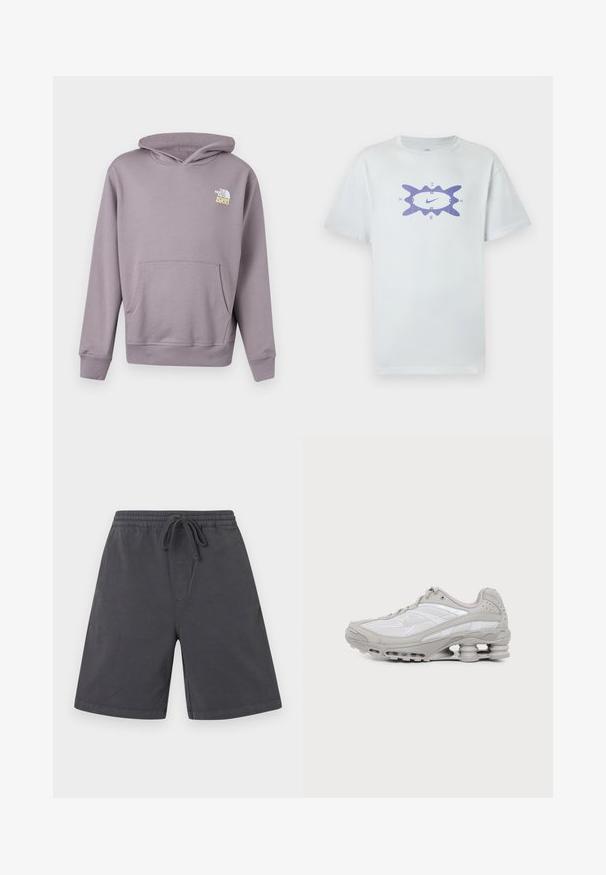 Sweat à capuche violet clair avec poche avant et logo "The North Face 1966" blanc-jaune sur la poitrine gauche.; T-shirt en coton blanc à coupe ample, avec un motif graphique violet au centre, entouré d'un contour ondulé. Manches courtes.; Shorts gris foncé longueur genou avec taille élastique et cordon de serrage à l'avant, en tissu doux.; Baskets de sport grises et blanches avec semelle à coussin d'air visible et panneaux en mesh, présentées de profil sur un fond clair uni.