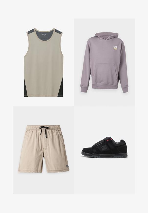 Helelilla kapuutsiga dressipluus ees tasku ja vasakul rinnal valge-kollase "The North Face 1966" logoga.; Beige ilma varrukatega tank top tumehallide õlavarrekaunistustega ja mustade külgpaneelidega. Sile tekstuur ümmarguse kaelusega.; Beežid elastse vöökohaga lühikesed püksid musta paelaga, küljetaskudega ja väikese logomärgiga vasaku jala alumises osas.; Mustad mustadäid, millel on nubukist ja sünteetilisest materjalist ülemine osa. Omab võrgusilma paneele, lame lakk, kummist talla ja logo küljel.