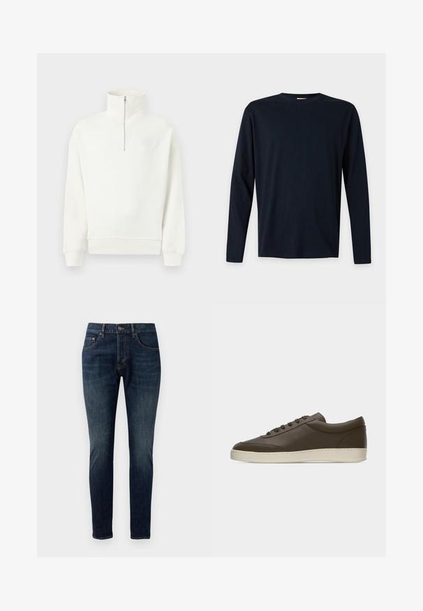 Sweat-shirt blanc à manches longues avec un col montant et une demi-fermeture éclair sur le devant, poignets et ourlet côtelés, présenté sur un fond clair uni.; T-shirt noir uni à manches longues avec col rond et coupe régulière, présenté sur fond blanc.; Jean skinny en denim bleu foncé avec une texture délavée, design à cinq poches, fermeture à bouton en métal et détails de surpiqûres contrastants.; Baskets basses en cuir marron foncé avec lacets sur le devant et semelle en caoutchouc couleur crème, vues de côté extérieur sur fond blanc.