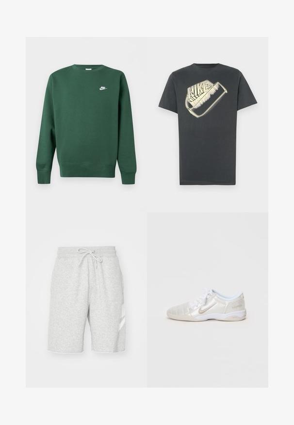 Dunkelgrüner Sweatshirt mit Rundhalsausschnitt, langen Ärmeln und kleinem weißen Nike-Logo auf der linken Brust.; Dunkelgraues Baumwoll-T-Shirt mit rundem Halsausschnitt. Auf der Vorderseite befindet sich ein großes, stilisiertes "Nike"-Logo in einer helleren Farbe.; Herren Sweatshorts in Grau aus weichem Baumwollmaterial, mit elastischem Bund und Kordelzug, Seitentaschen und einem weißen Logodetail.; Helle silberne Sportschuhe mit einer glatten, glänzenden Oberfläche, gesteppten Paneelen, weißen Schnürsenkeln und beigen Akzenten an der Ferse und dem Logo.