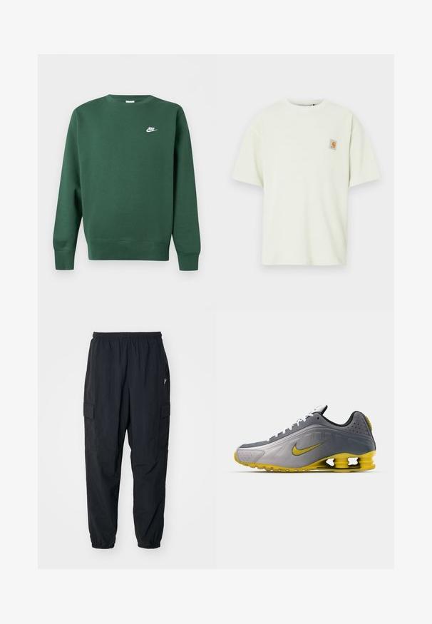 Tume roheline ümarseljaga dressipluus pikkade varrukatega ja vasakul rinnal väikese valge Nike logo.; helehele rohelise lühikeste varrukatega t-särk tekstuurse kangaga ja lõdva lõikega, millel on rinnal väike ruudukujuline logopatch.; Mustad mustad püksid kergest materjalist, elastse vöökoha, küljetaskute ja lõdva istuvuse ning elastsete mansettidega.; Nike Sportswear SHOX R4 SE UNISEX - Tossud - vast grey/bright citron/light graphite/smoke grey/white/black