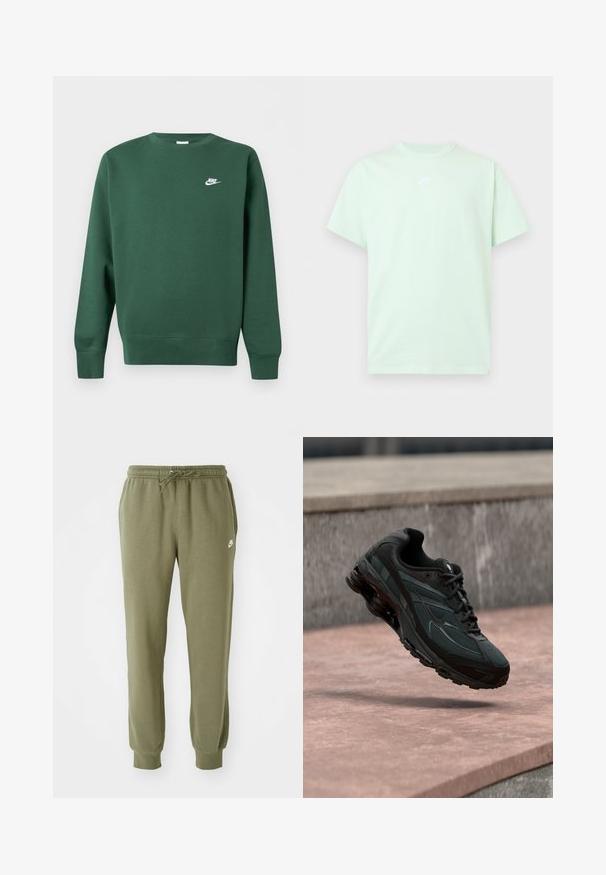 Mørkegrøn crewneck sweatshirt med lange ærmer og lille hvid Nike-logo på venstre bryst.; Lys grøn Nike T-shirt med korte ærmer, rund hals og lille hvidt logo centreret på brystet mod en ensfarvet baggrund.; Olivengrønne bomulds-joggers med snor i taljen, indsnævrede ankler og et lille hvidt Nike-logo på venstre side. Blød, glat tekstur.; Sort atletisk sneaker med synligt luftdæmpende mellemsål, der svæver over en pink stenoverflade med en grå stenvæg i baggrunden.