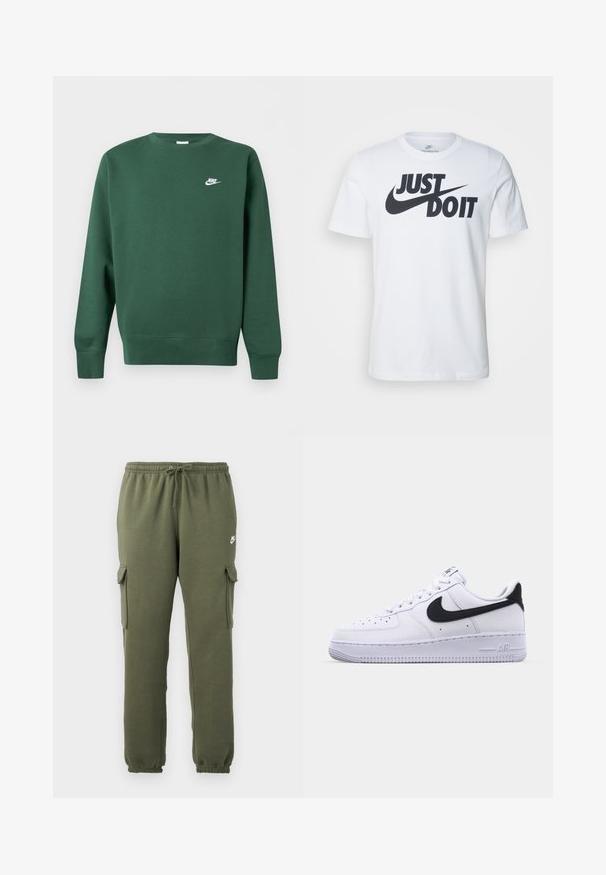 Dunkelgrüner Sweatshirt mit Rundhalsausschnitt, langen Ärmeln und kleinem weißen Nike-Logo auf der linken Brust.; Weißes Baumwoll-T-Shirt mit einem auffälligen schwarzen "Just Do It"-Logo und Nike-Swoosh. Klassisches Rundhalsausschnitt-Design mit kurzen Ärmeln.; Olivgrüne Cargo-Hosen mit elastischem Bund, Kordelzugverschluss, Seitentaschen und logo auf dem Oberschenkel. Glattes Baumwollmischgewebe.; Weißes Leder-Sneaker mit einem strukturierten schwarzen Swoosh, flachen Schnürsenkeln und einer Gummisohle mit genoppetem Muster. "AIR" ist auf der Ferse eingeprägt.