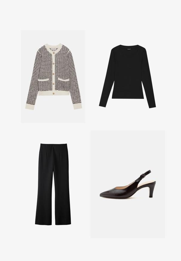 Strikket cardigan i cremefarvet og marineblå med vandrette striber, udstyret med runde perleknapper og to forlommer. Ribbet manchetter.; Sort langærmet ribbet top med rund halsudskæring og tætsiddende silhuet. Stoffet har en glat tekstur og en strækbar kvalitet.; Sorte brede bukser lavet af et glat stof, med et enkelt design, forknydder og en skræddersyet finish uden synligt hardware.; Sort læder slingback-sko med spids tå, mellemhøj hæl og justerbar rem på lys grå baggrund.