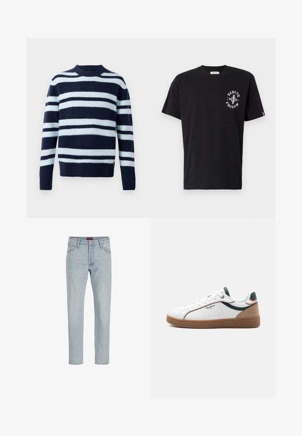 Marineblå trøje med lyseblå og hvide striber, ribbet tekstur, rund halsudskæring og lange ærmer. Består af tykt strikket materiale.; Sort bomulds t-shirt med korte ærmer. Har en hvid grafisk print på venstre bryst og et lille logo-tag i kanten.; Lysblå denim jeans med lige snit, fem-lommet design, knaplukning og let slidt tekstur.; Hvid lavtop sneaker med brun sål, grønne og beige accenter, hvide snørebånd og "Pepe Jeans London"-logo på siden.