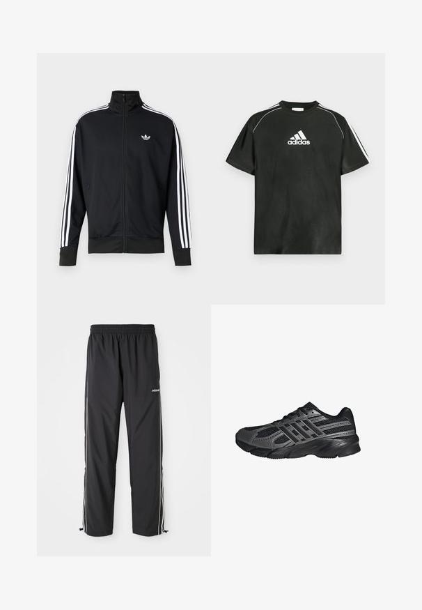 Čierna bunda na zips z materiálu sieťoviny, so bielymi pruhmi na rukávoch a malým bielym logom na hrudi.; Čierne tričko s krátkym rukávom s bielym logom Adidas na hrudi a bielymi pruhmi na ramenách. Vyrobené z hladkej tkaniny, voľný strih.; Čierne športové nohavice vyrobené z ľahkej látky, s bielymi bočnými pásmi, elastickým pásom a nastaviteľnými členkovými manžetami.; Čierne športové topánky vyrobené z pletiva a syntetických materiálov, s textúrovaným povrchom, viacerými šedými pruhmi a polstrovaným golierom.