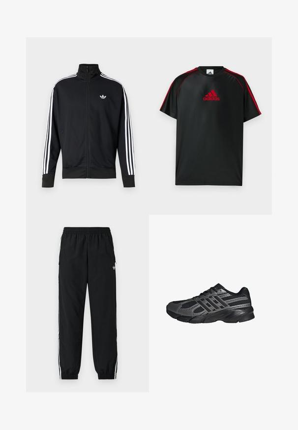 Veste noire zippée en tissu maille, avec des bandes blanches sur les manches et un petit logo blanc sur la poitrine.; T-shirt de sport noir avec des accents rouges et un logo. Confectionné en tissu lisse et léger. Doté d'un col rond et de manches courtes.; Pantalon de sport noir avec une ceinture élastique et des poignets froncés. Comprend des bandes blanches sur les côtés et un petit logo sur le devant à gauche.; Chaussures de sport noires en mesh et matériaux synthétiques, avec une surface texturée, plusieurs rayures grises, et un col rembourré.