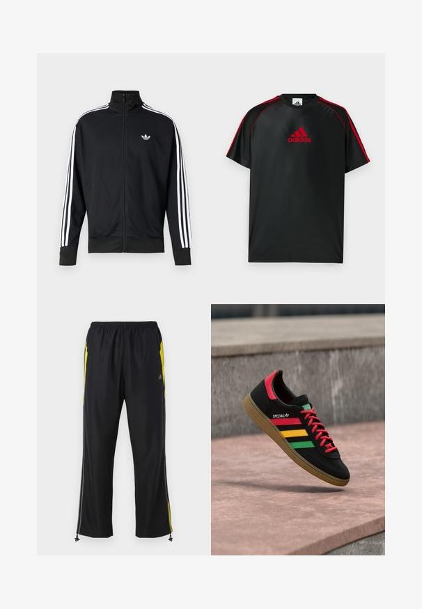 Zwarte jas met ritssluiting van meshstof, met witte strepen op de mouwen en een klein wit logo op de borst.; Zwart atletisch T-shirt met rode accenten en logo. Gemaakt van een glad, lichtgewicht stof. Heeft een ronde hals en korte mouwen.; Zwarte sportbroek met gele zijkanten, elastische tailleband en met rits te sluiten zijzakken. Gemaakt van lichtgewicht, gladde stof.; Zwarte Adidas Spezial sneaker met rode, gele en groene strepen, rode veters, gumzool en een rode hieldetail, zwevend boven het trottoir.