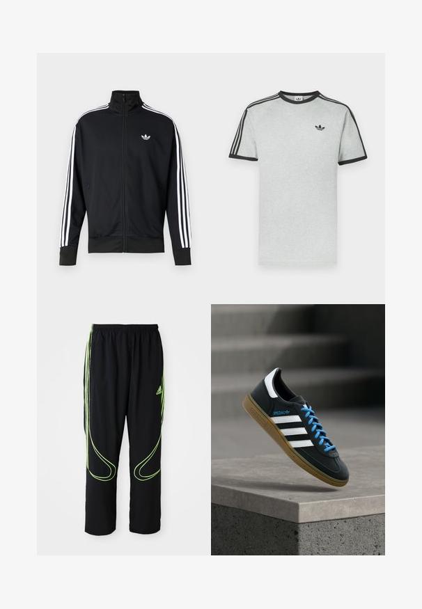 Chaqueta negra con cremallera hecha de tela de malla, con rayas blancas en las mangas y un pequeño logo blanco en el pecho.; Camiseta gris con detalles en negro, con cuello redondo y mangas cortas. Tres rayas negras en los hombros, pequeño logo en el pecho.; Pantalones deportivos Adidas negros con líneas curvas en verde neón y tres franjas en los laterales, cinturilla elástica y logo de Adidas en el muslo delantero.; Zapatilla negra Adidas con franjas blancas, cordones azules y suela de goma flotando sobre un escalón de hormigón gris con luz suave.