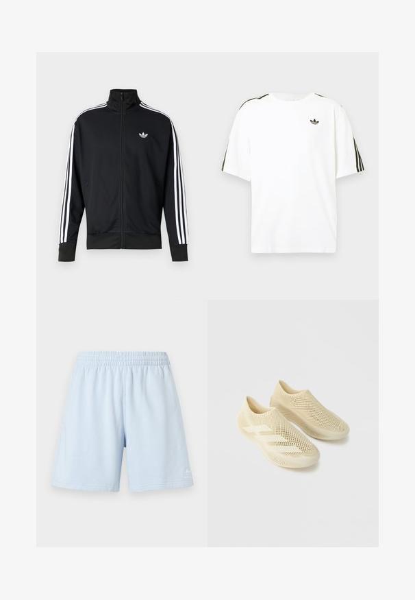 Veste noire zippée en tissu maille, avec des bandes blanches sur les manches et un petit logo blanc sur la poitrine.; T-shirt en coton blanc à manches courtes, avec des accents noirs à trois rayures sur les épaules et un petit logo noir sur la poitrine.; Shorts de sport bleu clair avec une ceinture élastique, des poches latérales et un discret logo sur l'ourlet inférieur. Confectionnés en tissu doux.; Paire de chaussures beiges sans lacets avec une structure en treillis ressemblant à un filet et trois bandes sur un fond gris clair uni.