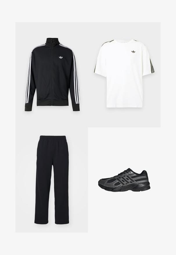Zwarte jas met ritssluiting van meshstof, met witte strepen op de mouwen en een klein wit logo op de borst.; Witte katoenen t-shirt met korte mouwen, voorzien van zwarte drie-strepen accenten op de schouders en een klein zwart logo op de borst.; Zwarte sweatpants met een elastische tailleband, rechte benen en gestikte details. Gemaakt van zachte, textuurstof.; Zwarte sportschoenen gemaakt van mesh en synthetische materialen, met een getextureerd oppervlak, meerdere grijze strepen en een gevoerde kraag.