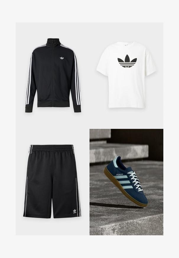 Sort lynlåstrøje lavet af meshstof, med hvide striber på ærmerne og et lille hvidt logo på brystet.; Hvid bomulds t-shirt med et stort sort Adidas trefoil-logo og tre vandrette striber nedenunder. Korte ærmer, rund halsudskæring.; Sorte Adidas sportsshorts med hvide siderstriber, elastisk taljebånd, sidelommer og Adidas-logo på den nederste venstre ben.; Blå Adidas Spezial sneaker med hvide striber og snørebånd, gummisål, svævende over en ru betongoverflade og trin i baggrunden.