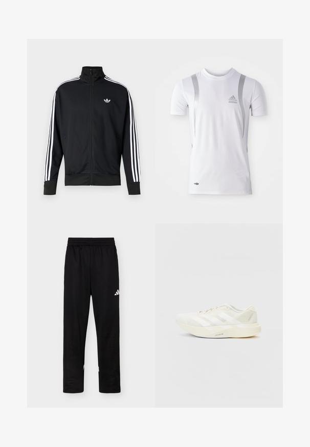 Sort lynlåstrøje lavet af meshstof, med hvide striber på ærmerne og et lille hvidt logo på brystet.; Hvid kortærmet træningsskjorte med sølvdetaljer, med rund hals og et Adidas-logo på brystet. Lavet af fugttransporterende materiale.; Sorte atletikbukser med elastisk talje og hvid Adidas-logo på højre lår mod ensfarvet baggrund.; Hvid atletiksko med mesh-overdel, prydet med tre hvide striber, rund tå og en lys sål mærket "LIGHTSTRIKE PRO."