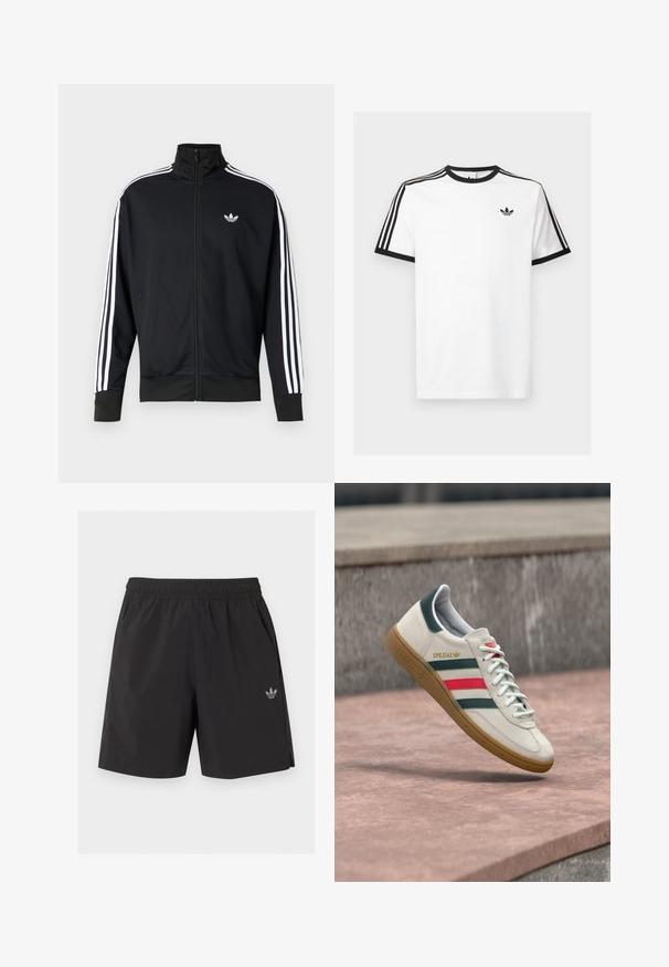Veste noire zippée en tissu maille, avec des bandes blanches sur les manches et un petit logo blanc sur la poitrine.; T-shirt en coton blanc avec un col et des manches ribbés noirs, comportant trois rayures noires sur chaque épaule et un petit logo sur la poitrine.; Short de sport noir à taille élastique avec poches latérales et petit logo Adidas sur la jambe gauche.; Baskets blanches Adidas avec des rayures vertes et rouges, semelle en gomme, et marquage "SPEZIAL", flottant au-dessus d'un pavement en pierre.