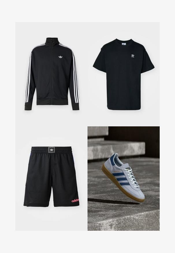 Chaqueta negra con cremallera hecha de tela de malla, con rayas blancas en las mangas y un pequeño logo blanco en el pecho.; Camiseta de algodón negra con cuello redondo y mangas cortas, que presenta un pequeño logo blanco de Adidas en la zona izquierda del pecho.; Pantalones cortos deportivos negros hechos de una tela texturizada y transpirable. Cuenta con una cintura elástica y un logo "adidas" en rosa en el lado inferior derecho.; Zapatilla Adidas Spezial azul claro con rayas azul marino y suela de goma, mostrada en el aire sobre escalones de hormigón en un entorno exterior neutral.