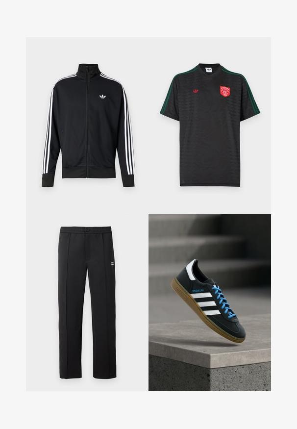 Chaqueta negra con cremallera hecha de tela de malla, con rayas blancas en las mangas y un pequeño logo blanco en el pecho.; Camiseta deportiva negra de Adidas con patrón floral oscuro, rayas verdes en los hombros, logo trefoil rojo y parche rojo "All-Stars 1994" en el pecho.; Pantalones negros de tela suave, con cierre de botón, bolsillos laterales y un pequeño logotipo en la parte frontal. Diseño de pierna recta.; Zapatilla negra Adidas con franjas blancas, cordones azules y suela de goma flotando sobre un escalón de hormigón gris con luz suave.