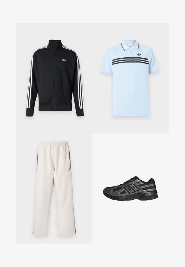 Sort lynlåstrøje lavet af meshstof, med hvide striber på ærmerne og et lille hvidt logo på brystet.; Lyseblå polo lavet af tekstureret stof med sorte accentstriber og en sort logo på brystet. Har en krave.; Lys beige træningsbukser med elastik i livet, sidelommer, sorte sidelange striber og et Adidas-logo på venstre lår. Glat stoftekstur.; Sorte træningssko lavet af mesh og syntetiske materialer, med en tekstureret overflade, flere grå striber og en polstret krave.
