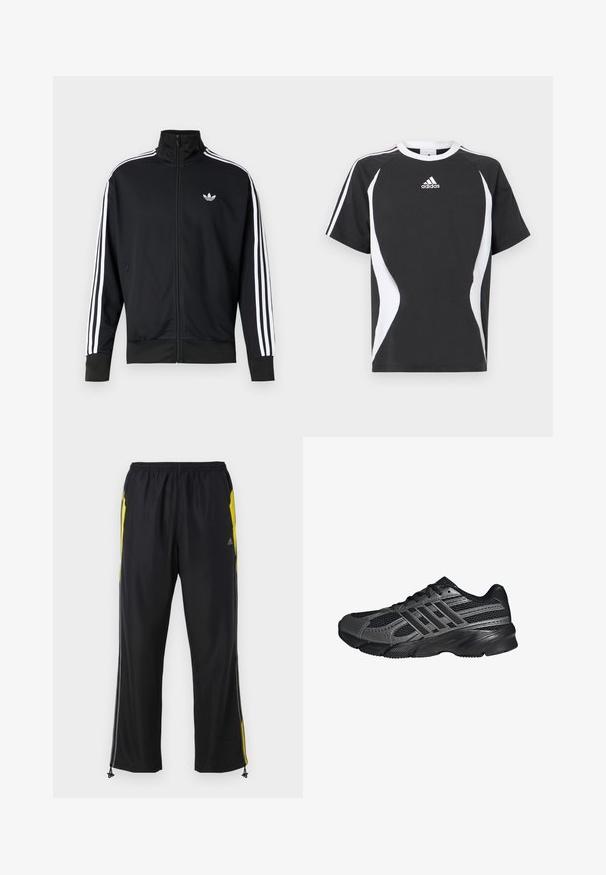 Zwarte jas met ritssluiting van meshstof, met witte strepen op de mouwen en een klein wit logo op de borst.; Zwart T-shirt met korte mouwen met witte designelementen en het Adidas-logo op de borst. Gemaakt van zacht katoen met een ronde hals.; Zwarte sportbroek met gele zijkanten, elastische tailleband en met rits te sluiten zijzakken. Gemaakt van lichtgewicht, gladde stof.; Zwarte sportschoenen gemaakt van mesh en synthetische materialen, met een getextureerd oppervlak, meerdere grijze strepen en een gevoerde kraag.