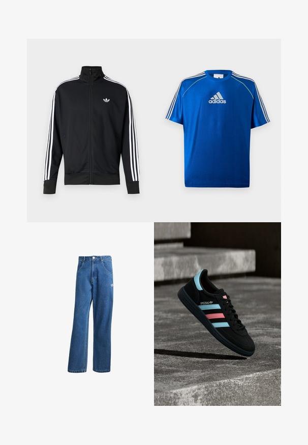 Mustast võrgukangast tõmblukuga jope, millel on valged triibud varrukatel ja väike valge logo rinnal.; Sinine Adidas spordisärk valge logoga rinnal, valgete triipudega õlgadel ja neoonkollase ääristusega õmblustel.; Sinine kõrge vöökohaga avar jakkidega teksapükse, millel on ees taskud, vöökoharingid, nupuga sulgemine ja väike Adidas'i logo paremal reiel.; Must Adidas Spezial toss siniste ja roosade triipudega, hõljumas tekstuurse halli betoonpinna kohal, all varjuga.