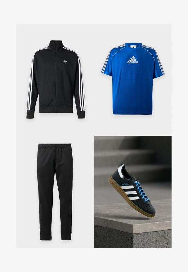 Schwarze Jacke zum Reißverschluss aus Mesh-Stoff, mit weißen Streifen an den Ärmeln und einem kleinen weißen Logo auf der Brust.; Blaues Adidas Sport-T-Shirt mit weißem Logo auf der Brust, weißen Streifen auf den Schultern und neon-gelber Paspelierung an den Schulternähten.; Schwarze Sporthosen aus glattem Stoff, mit einem elastischen Bund, schmal zulaufenden Beinen und gerippten Bündchen an den Knöcheln.; Schwarzer Adidas-Sneaker mit weißen Streifen, blauen Schnürsenkeln und Gummisohle, der über einer grauen Betontreppe im weichen Licht schwebt.