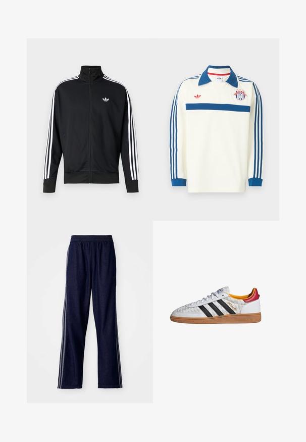 Schwarze Jacke zum Reißverschluss aus Mesh-Stoff, mit weißen Streifen an den Ärmeln und einem kleinen weißen Logo auf der Brust.; Weißes langärmeliges Sporttrikot mit blauem Kragen, blauen Streifen an den Ärmeln, blauem Bruststreifen, rotem Logo und einem Wappenschild mit Sternen auf der Brust.; Marineblaue Sporthosen mit einem elastischen Bund, ausgestattet mit drei weißen seitlichen Streifen und einem geraden Bein. Weicher Denim-Look.; Weißer Adidas Spezial Sneaker mit schwarzen Streifen, Gummisohle, gestepptem Muster, rotem Fersenlaschen und gelber Innenausstattung, Seitenansicht.