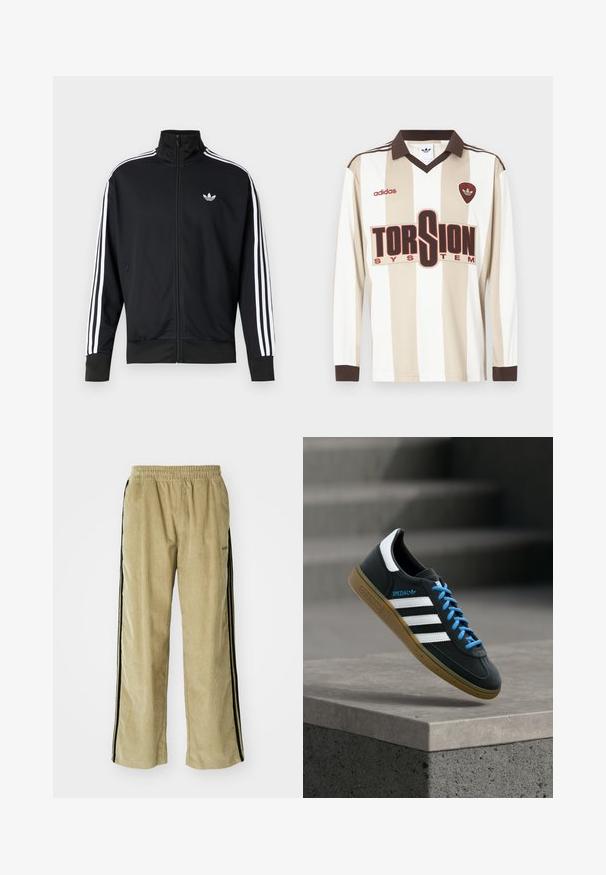 Chaqueta negra con cremallera hecha de tela de malla, con rayas blancas en las mangas y un pequeño logo blanco en el pecho.; Camiseta de fútbol de manga larga con rayas beige y blancas; cuenta con un cuello y puños marrones, un gran logo rojo "TORSION SYSTEM" y la marca adidas.; Pantalones de pana beige con cintura elástica, con franjas laterales negras. La tela tiene una textura acanalada y es ligeramente acampanada en el fondo.; Zapatilla negra Adidas con franjas blancas, cordones azules y suela de goma flotando sobre un escalón de hormigón gris con luz suave.
