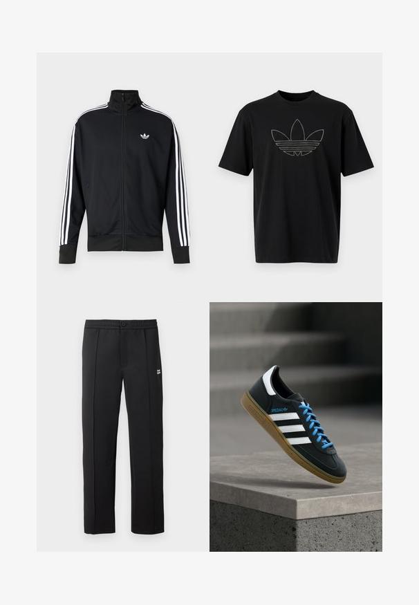 Chaqueta negra con cremallera hecha de tela de malla, con rayas blancas en las mangas y un pequeño logo blanco en el pecho.; Camiseta de algodón negra que presenta un gran logo de Adidas contorneado con líneas horizontales en un material reflectante en la parte frontal. Mangas cortas.; Pantalones negros de tela suave, con cierre de botón, bolsillos laterales y un pequeño logotipo en la parte frontal. Diseño de pierna recta.; Zapatilla negra Adidas con franjas blancas, cordones azules y suela de goma flotando sobre un escalón de hormigón gris con luz suave.