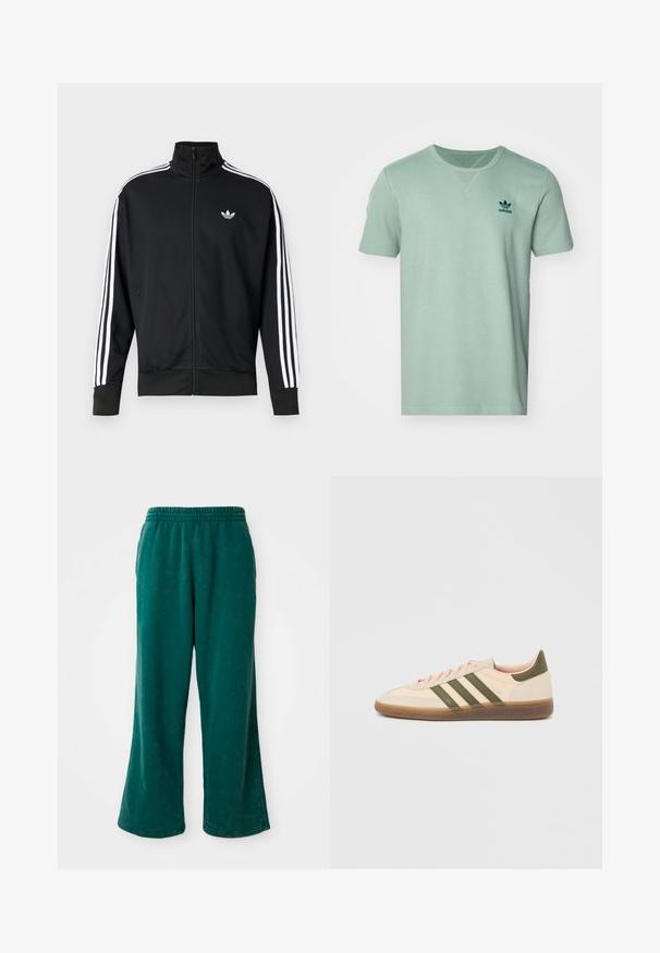 Chaqueta negra con cremallera hecha de tela de malla, con rayas blancas en las mangas y un pequeño logo blanco en el pecho.; Camiseta de manga corta color menta con un patrón texturizado, cuello redondo y logo de adidas en verde oscuro en el lado izquierdo del pecho.; Pantalones de chándal verdes de pierna ancha con una textura suave, que cuentan con una cinturilla elástica y bolsillos laterales. Tejido duradero con un corte relajado.; Zapatilla Adidas Spezial beige de perfil bajo con rayas verdes, suela de goma y la marca "SPEZIAL" en el lateral, vista desde el lado exterior.