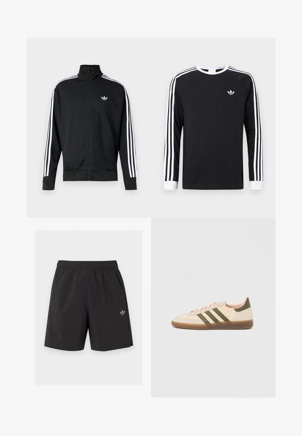 Veste noire zippée en tissu maille, avec des bandes blanches sur les manches et un petit logo blanc sur la poitrine.; T-shirt noir à manches longues avec un design à trois bandes blanches sur les manches. Présente un col rond et un petit logo blanc sur la poitrine.; Short de sport noir à taille élastique avec poches latérales et petit logo Adidas sur la jambe gauche.; Baskets beige discrètes Adidas Spezial avec des bandes vertes, une semelle en caoutchouc et le logo "SPEZIAL" sur le côté, vues de l'extérieur.