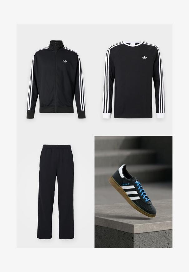 Sort lynlåstrøje lavet af meshstof, med hvide striber på ærmerne og et lille hvidt logo på brystet.; Sort langærmet T-shirt med hvidt trestribet design på ærmerne. Har rund halsudskæring og et lille hvidt logo på brystet.; Sorte sweatpants med elastisk talje, lige ben og stikninger. Fremstillet af blødt, tekstureret stof.; Sort Adidas sneaker med hvide striber, blå snørebånd og gummisål, der svæver over gråt betontrin i blødt lys.